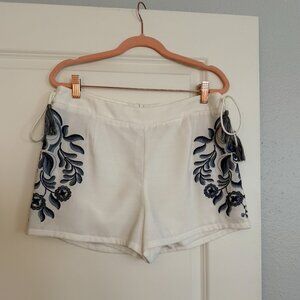 Blush Noir White and Blue Embroidered Shorts with Tassels